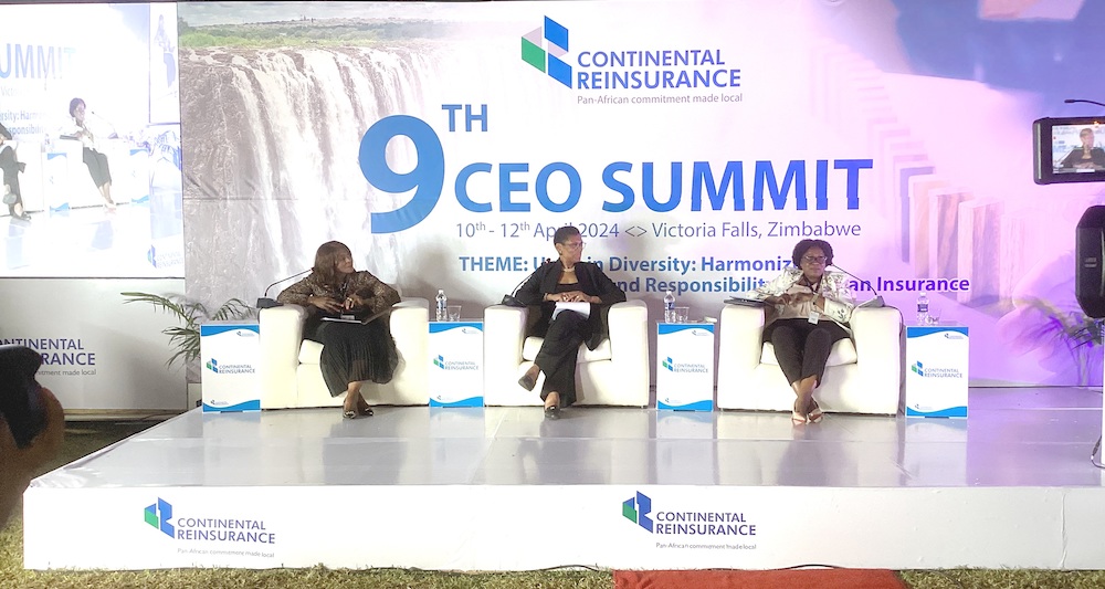 Commissioner,Insurance and Pension Commission, Zimbabwe, Dr Grace Muradzikwe; Moderator,  Juliette Foster; and Registrar & Chief Executive Officer, Pension and Insurance Authority, Zambia, Mrs Namakau Ntini, during the 9th CEO summit by Continental Reinsurance at Victoria Falls, Safari Lodge, Zimbabwe, on Thursday. Picture: Daily Economy 