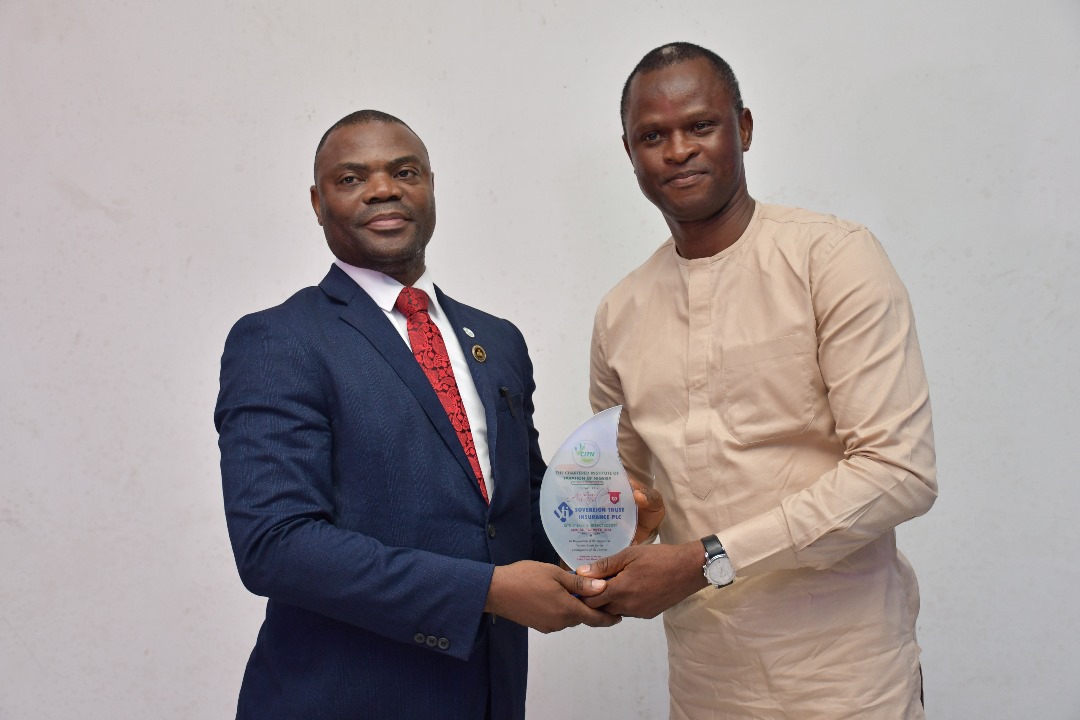 L-R: Dr. Nwabuzor Emeke, Council Member,Chartered Institute of Taxation Nigeria, CITN, presenting the Pinnacle Award to
the representative of Sovereign Trust Insurance Plc, Niyi Olaitan, Head,
Finance & Accounts, during the Annual Tax Week 2024, (VI-Lekki &
District Society) held on March 22, 2024. The award is in recognition of the
support of the Underwriting Firm to the VI-Lekki & District Society of the
Chartered Institute of Taxation, CITN at various times.